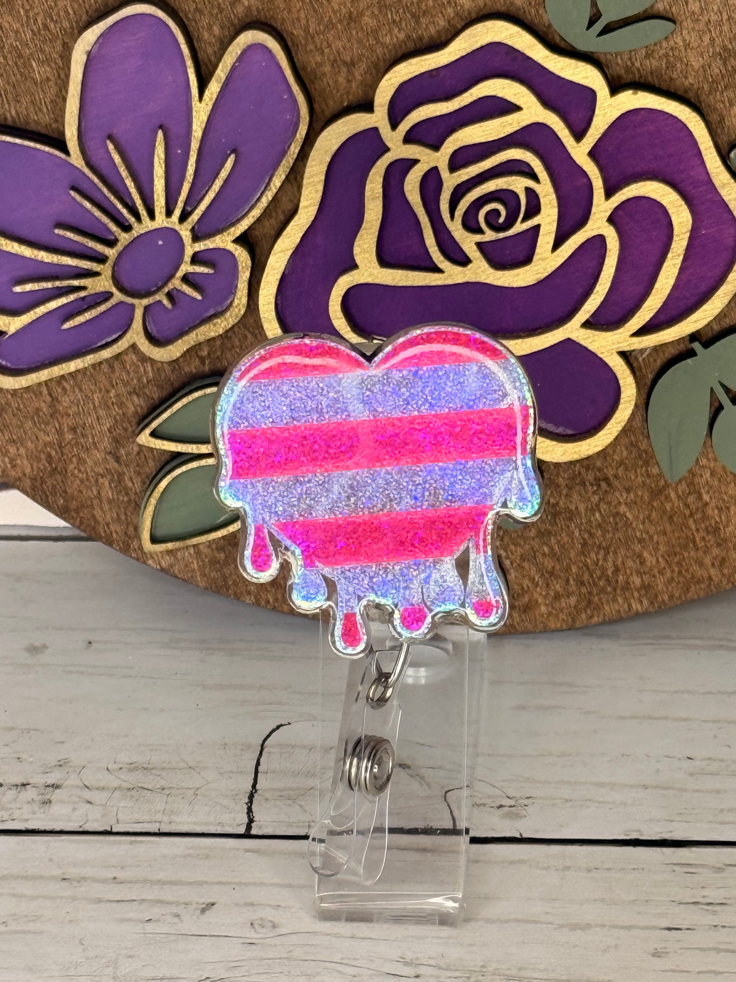 Silver Pink Stripped Heart Badge Topper