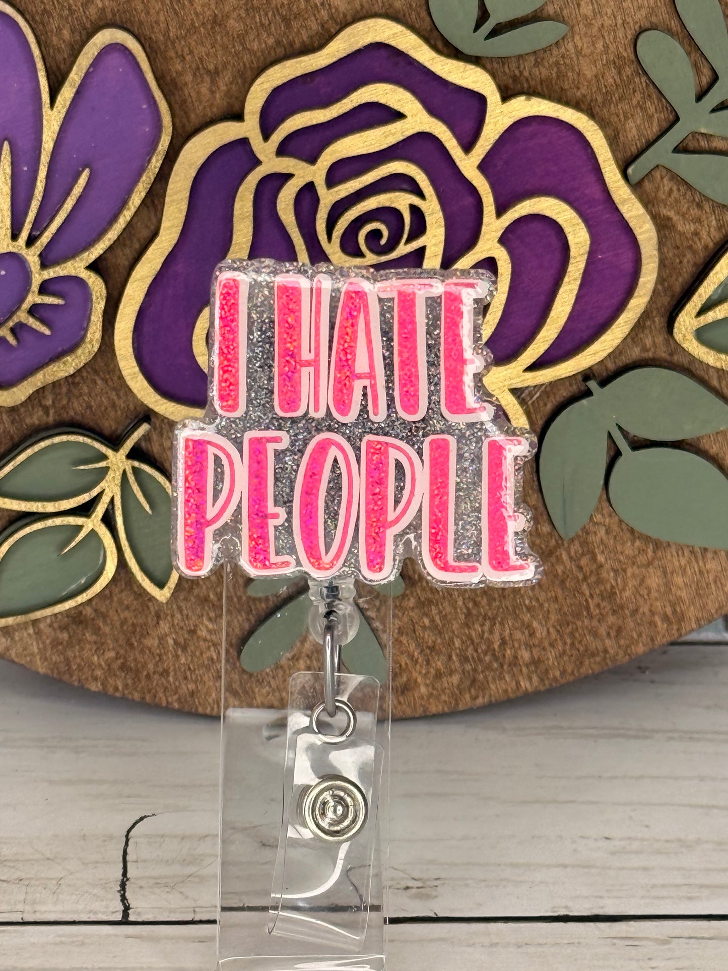Pink & Silver I Hate People Badge Topper