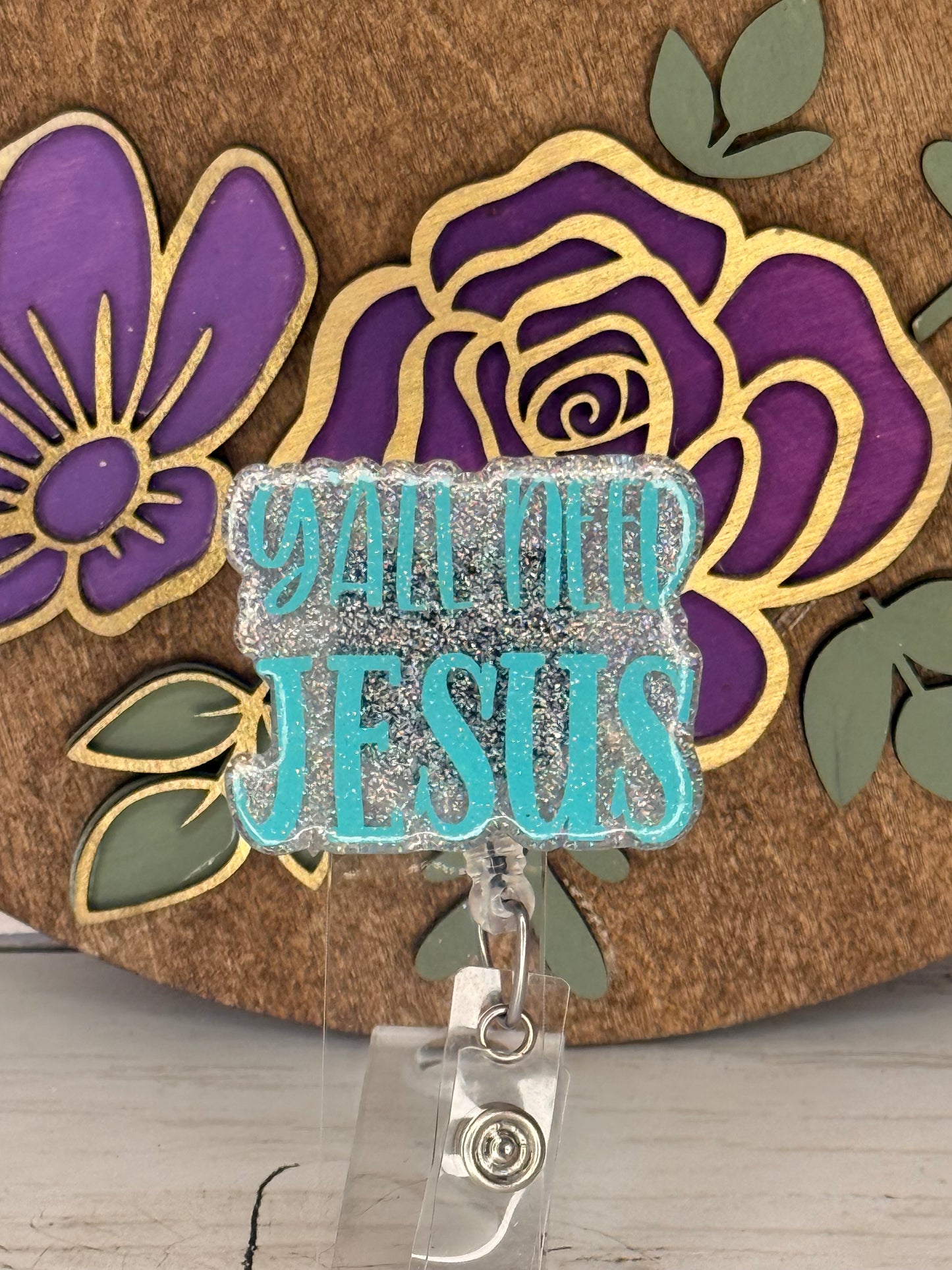 Blue & Silver Y’all Need Jesus Badge Topper