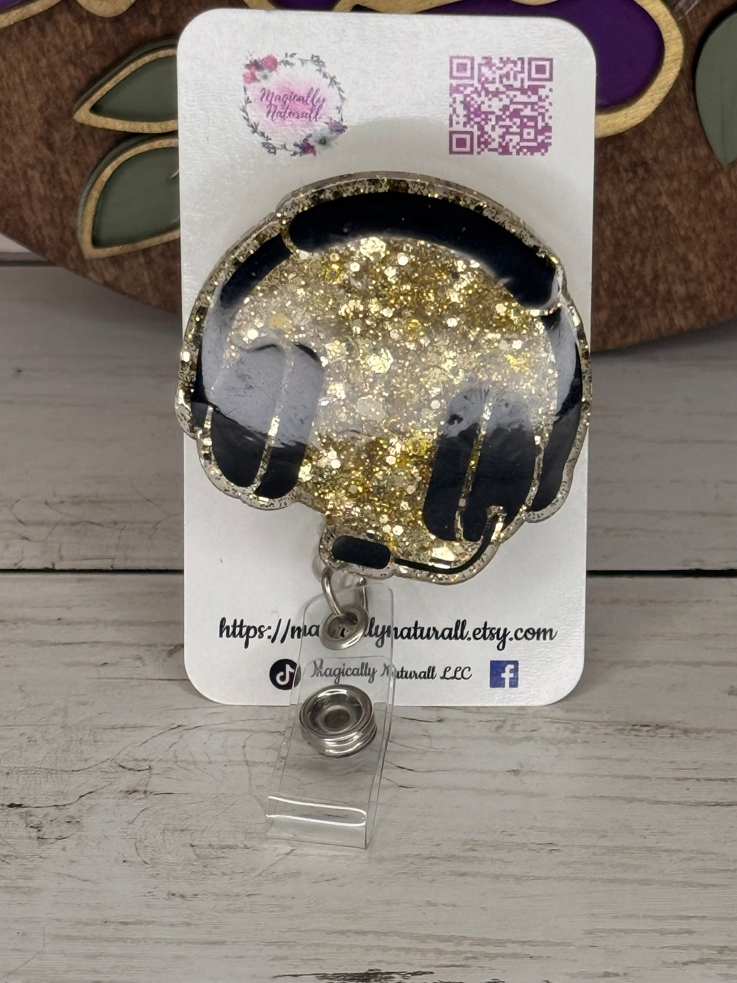 Gold Glitter Headset Badge Reel