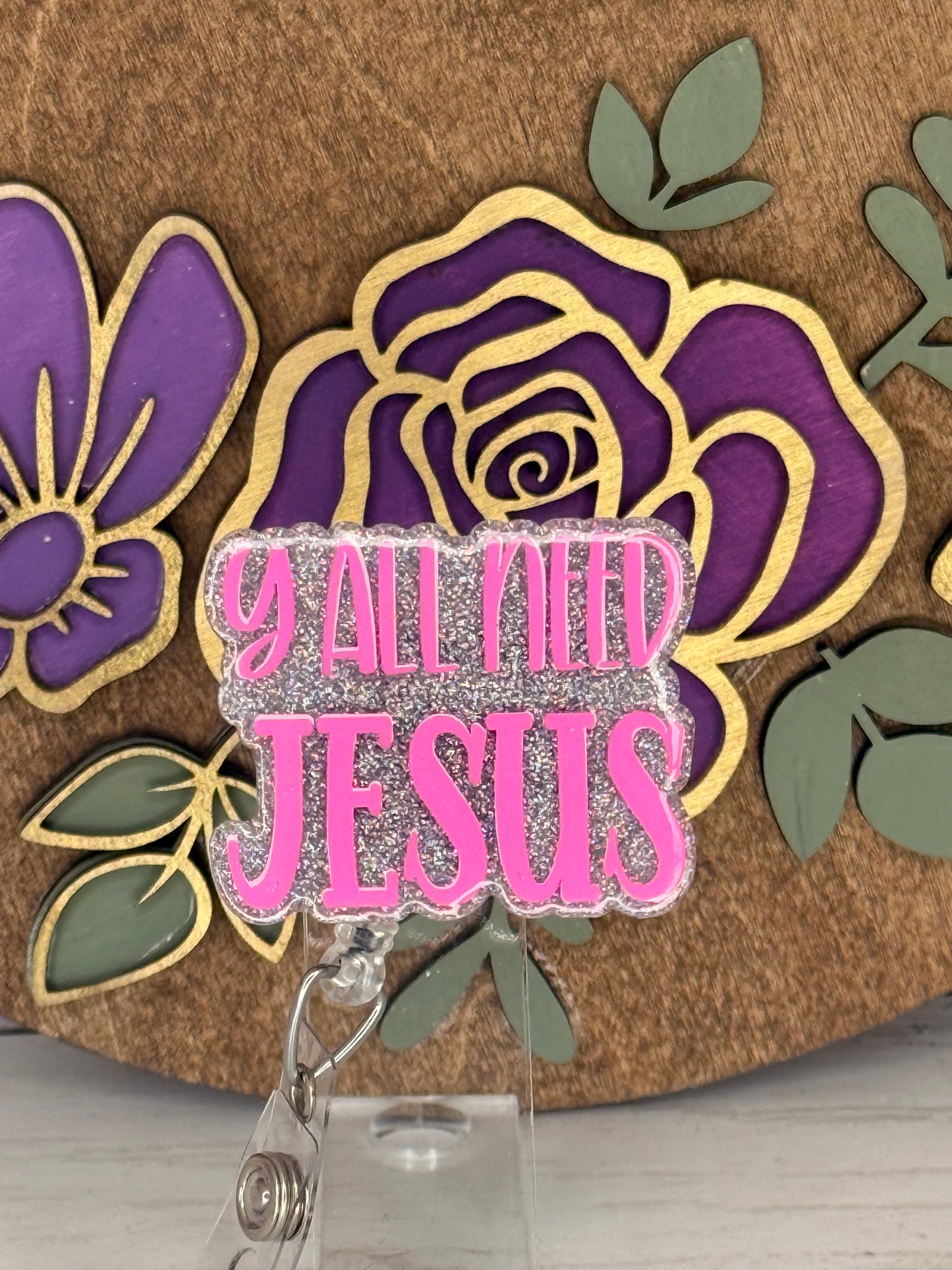 Pink & Silver Y’all Need JesusBadge Topper