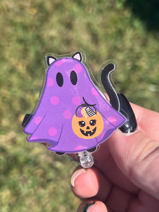 Purple Ghost Cat Badge Reel